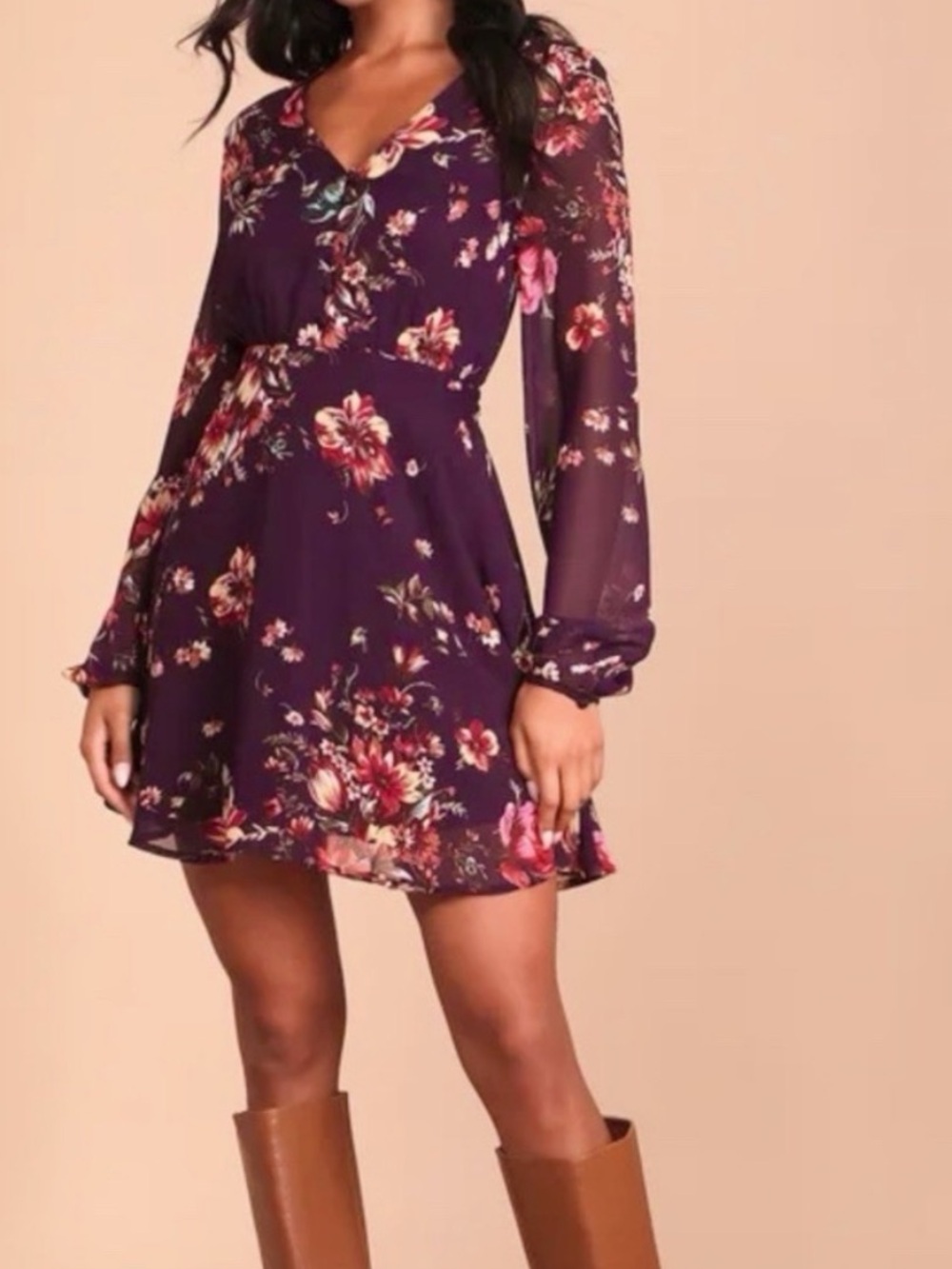 NWT Lulus Always Yours Plum Purple Floral Print Long Sleeve Dress